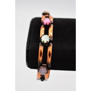 Vintage Cabochon Bracelet Copper Tone Pink White Linked Chain 1980s Bin8